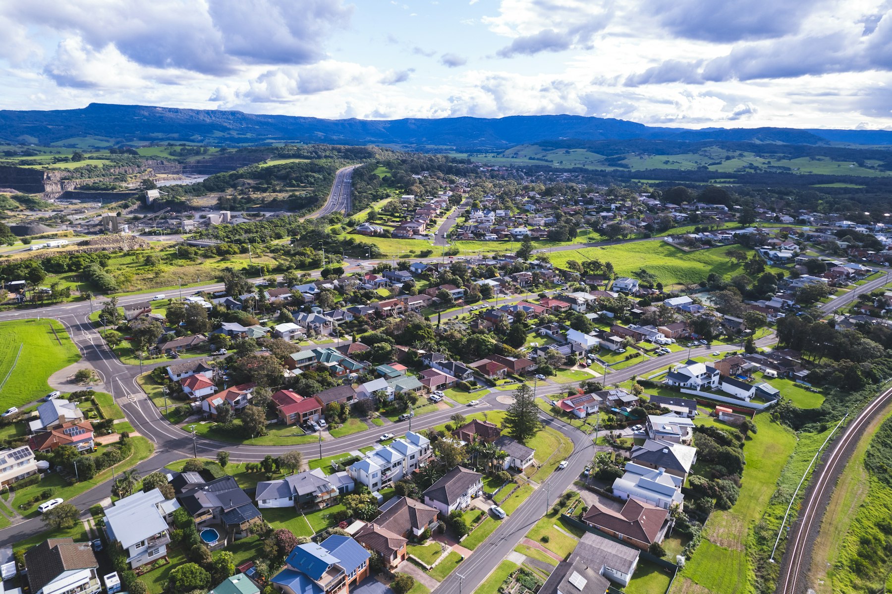 Aerial view of suburban roads and houses